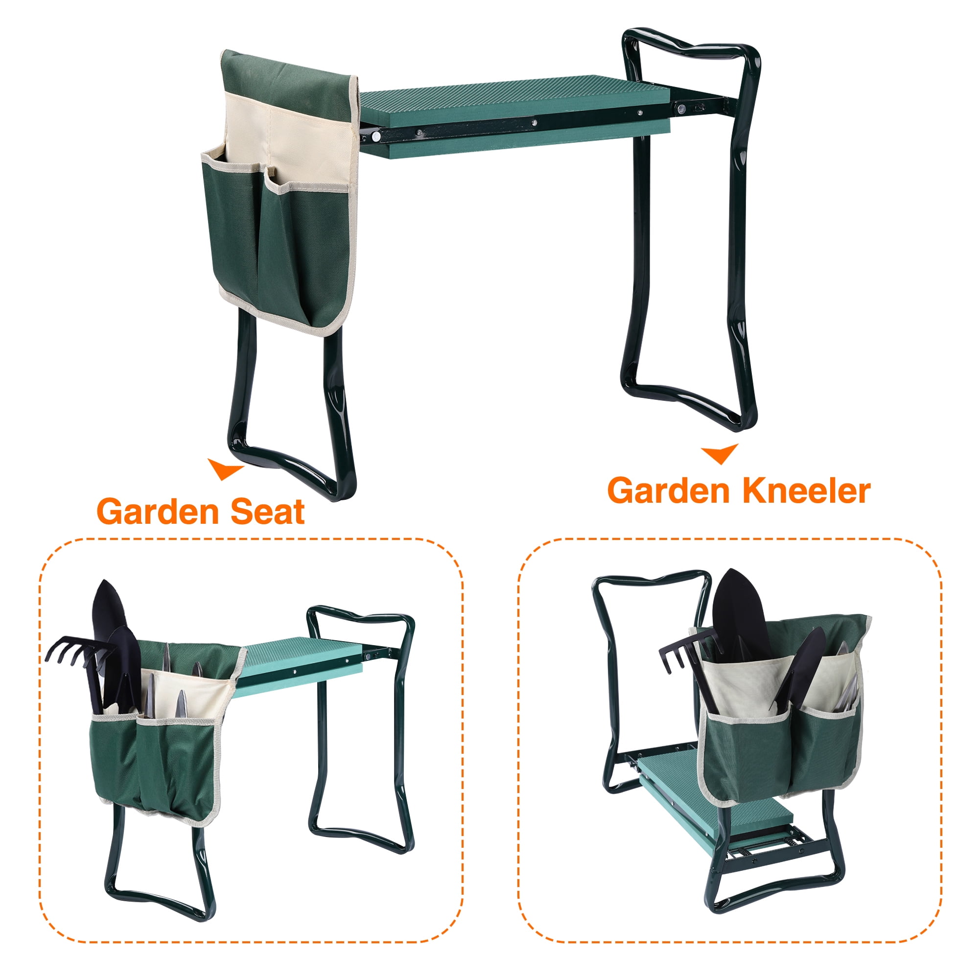 Outdoor Bench with Storage and Thick EVA Foam Padded Stool Heavy Duty Garden Folding Chair with Tool Pouch Light-Weighted Sturdy Steel Pipe Structure Garden Kneeler and Seat with 2 Large Tool Bag