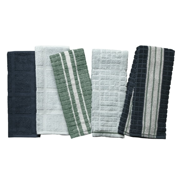 Thyme & Table Kitchen Towels, Navy, Green, & White, 5 Pack Set