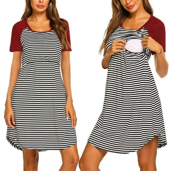 Jacenvly New Pregnant Women Dress Nursing Nightgown 3 in 1 Maternity Nightgown Short Sleeve Nursing Gown Breasfeeding Sleepwear Delivery Maternity Dress Plus Size Navy M