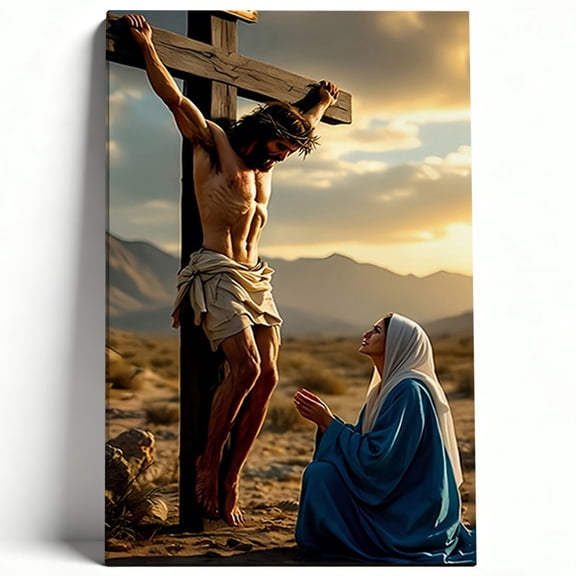 Crucifixion of Jesus Canvas Wall Art Virgin Mary at the Cross Painting Biblical Christian Living Room Church Decor Print Ready to Hang 8*12