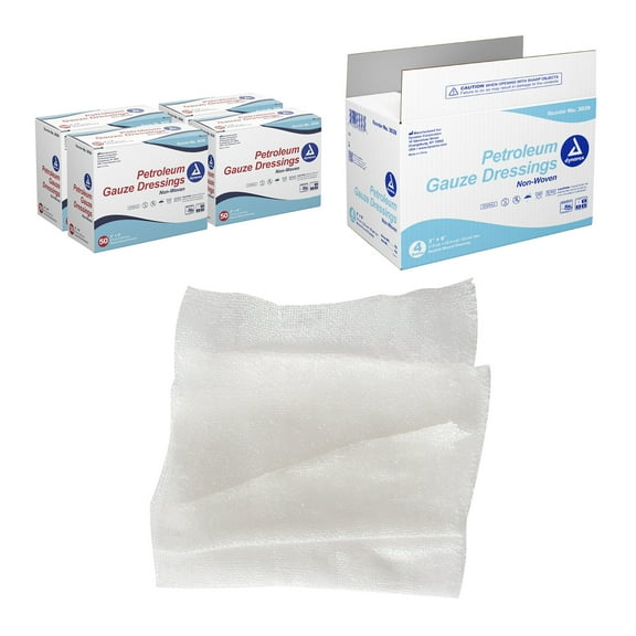 Dynarex Petroleum Gauze Dressings, 3" x 9", Sterile & Latex-Free, Non-Adherent Gauze Impregnated by Petroleum Jelly for Wound Care, Single Pouches, 1 Case of 200 (4 Boxes of 50)