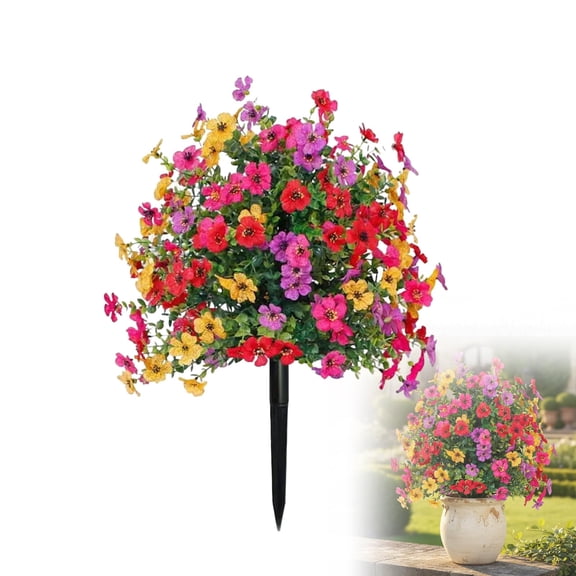 Artificial Outdoor Flowers with Ground Stake, Spring Decoration with Spike, UV Resistant Faux Summer Plants, Fake Bushes Indoor Decor
