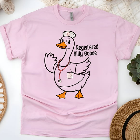 Registered Silly Goose T-Shirt for Women, Funny Nurse Cartoon Graphic Tee, Light Pink, Size M