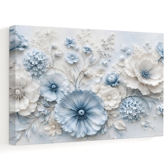 Blue White Floral Canvas Wall Art, Modern Art Minimalist Pastoral Flowers Blossom Wall Art Prints Artwork Framed Canvas Ready to Hang Art Pictures for Bathroom Nightstand, Narrow Hallway 14" x 11"