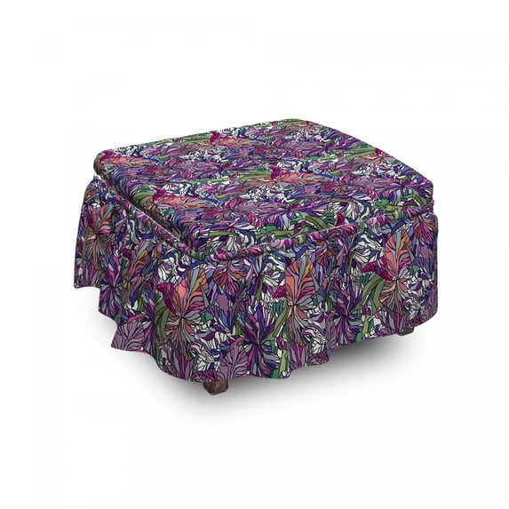 Floral Ottoman Cover, Tropical Jungle Bouquet, 2 Piece Slipcover Set with Ruffle Skirt for Square Round Cube Footstool Decorative Home Accent, Standard Size, Multicolor, by Ambesonne