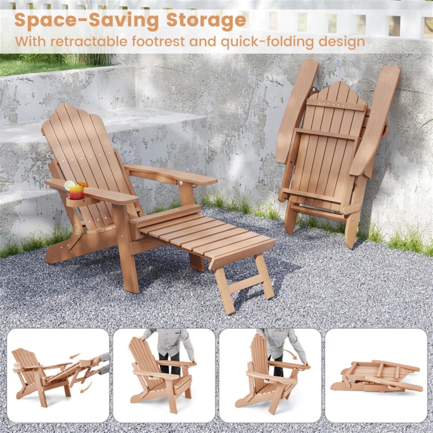 Demi Bonn All-Weather HIPS Patio Adirondack Lounge Chair with Retractable Footrest, Outdoor Accent Furniture Lounge Chairs for Yard, Garden, Brown