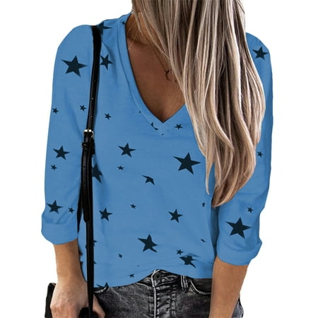 Plus Size S-XXXXXL Women Casual Loose V-Neck Stars Printed Long Sleeve ...