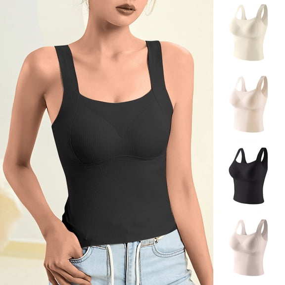 YHAJDS Women Built In Bra Tops Sleeveless Solid Color Removable Pad Camisole Pajama Top