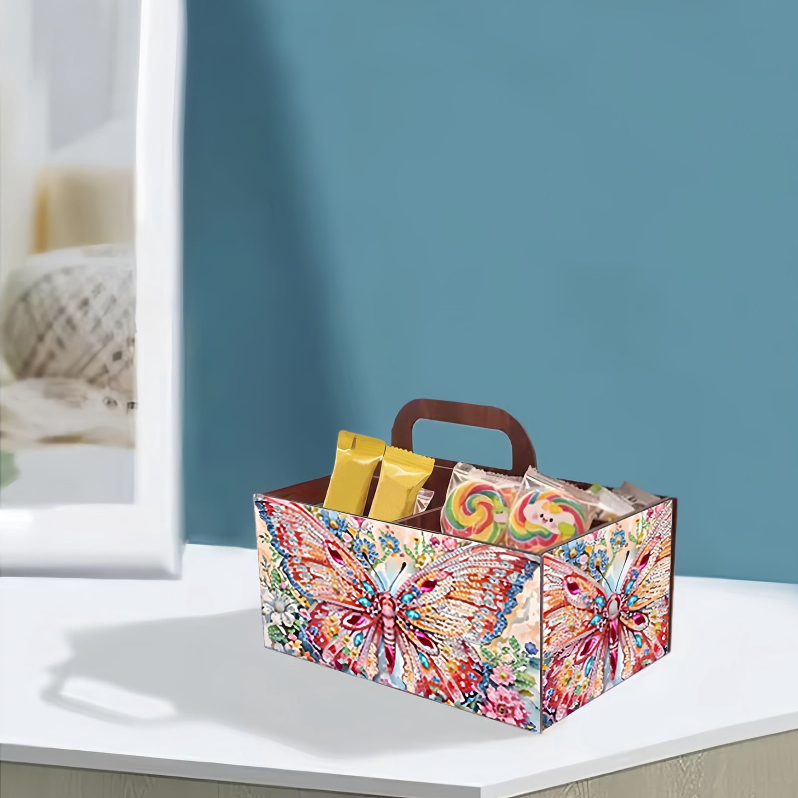 FLOPESN DIY Butterfly Diamond Art Painting 5 compartments Wooden Storage Box, 9.44*8.14in, Practical Rectangular Assembly Portable Multi-Grid Box
