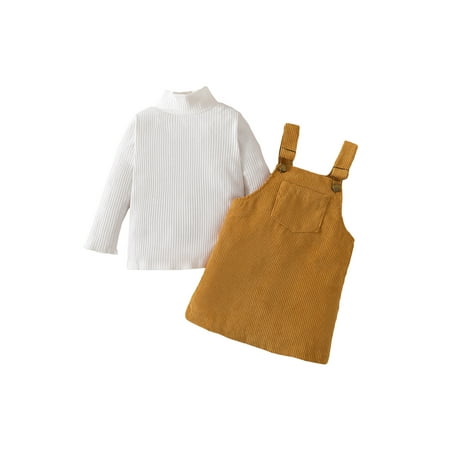 

Calsunbaby Kids Baby Girls Suspender Skirt Suit Rib Long Sleeve Turtleneck Tops Pocket Bib Skirts Outfits Set Yellow 4-5 Years