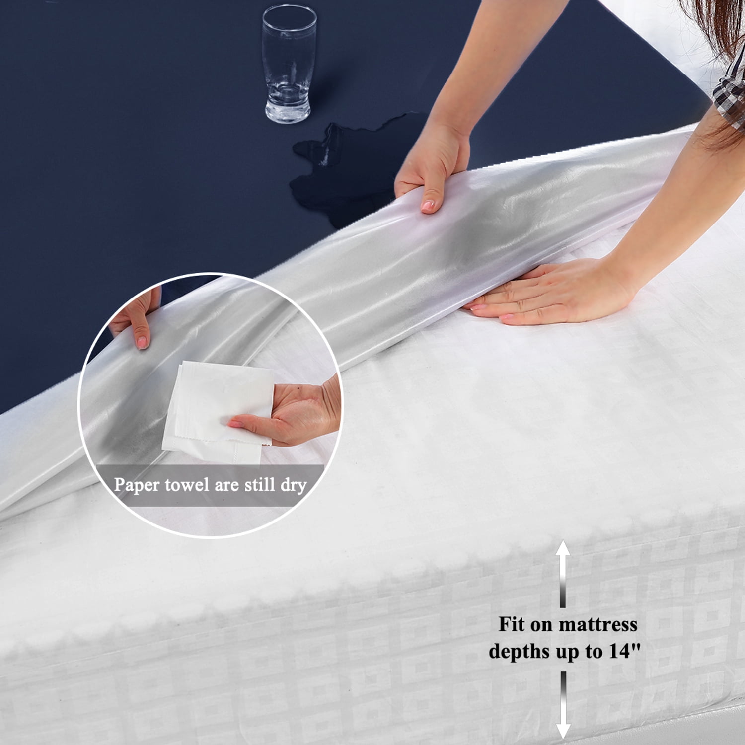 Unique Bargains 14" Deep Pocket Waterproof Solid Mattress Fitted Sheet Navy Blue King