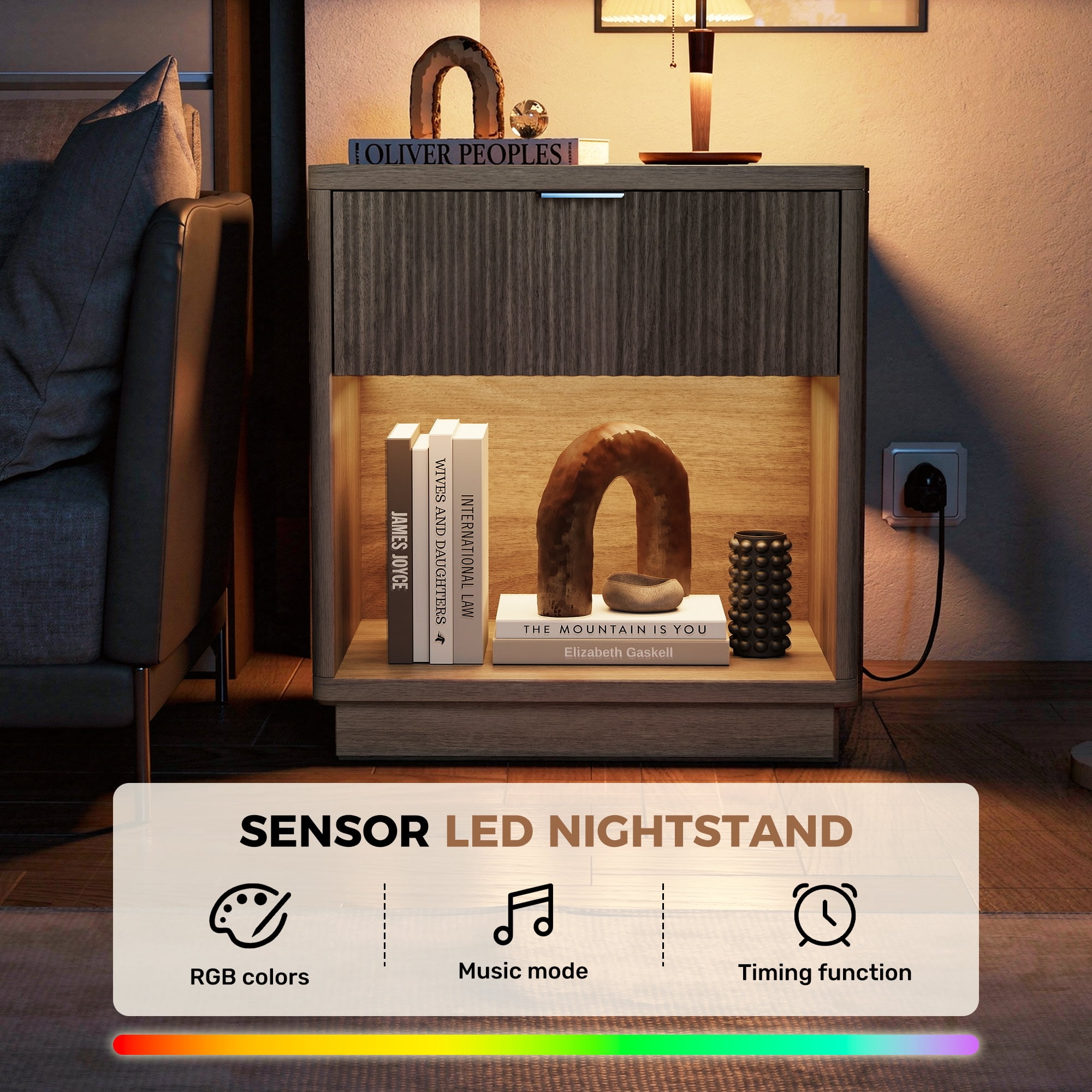 MOONMISS Wooden Nightstand Set of 3,with Drawer,USB Charging and LED Light,Grey