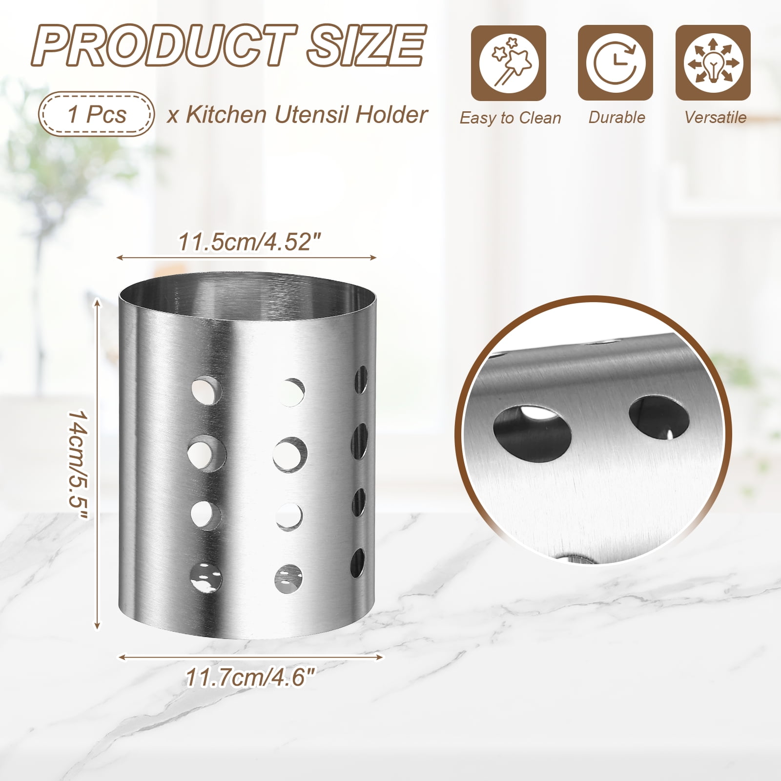 Uxcell Kitchen Utensil Holder, 3.9x5.5" Stainless Steel Utensil Cutlery Holder Round Flatware Organizer with Drain Hole for Kitchen Restaurant Countertop Straw, Spoon, Chopstick, Silver