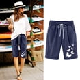 thumbnail image 4 of Ecqkame Plus Size Shorts for Women Women's Summer Printed Five Points Large Size Cotton Linen Pants Casual Pants Shorts Dark Blue S, 4 of 4