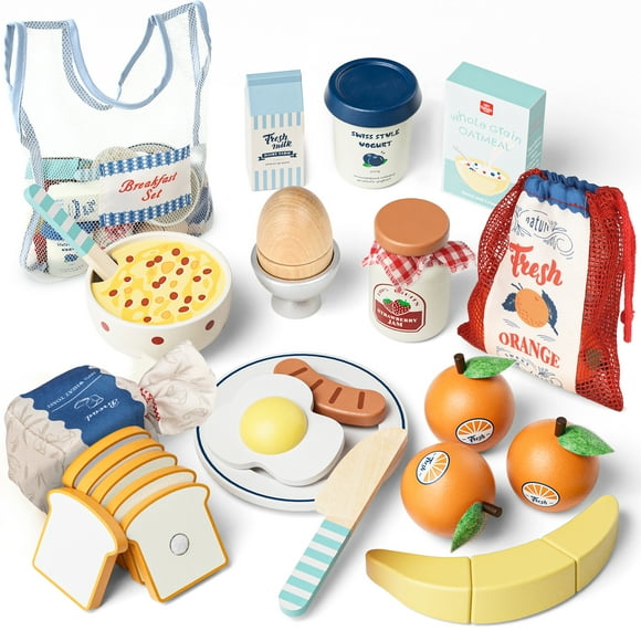 Play Food Sets, Kitchen Toys for Girls 3 Year, Wooden Play Kitchen Accessories Kids Cutting Pretend Play Fake Food Toys for 3 4 5 6 7 Years Girls Boys