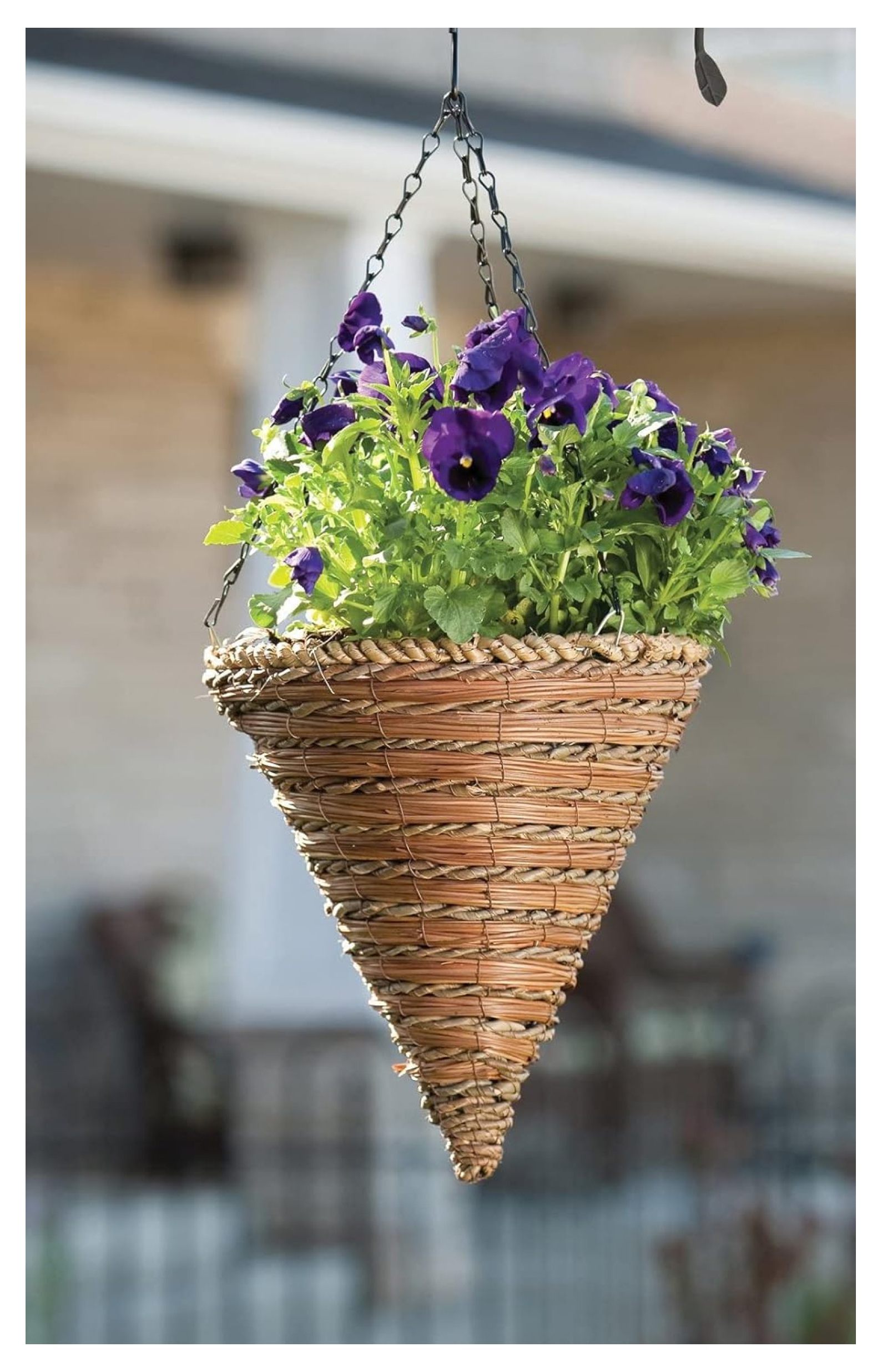Hanging Basket Planters 2-Pack - 12 Inch Rope & Fern Wicker Cone - Polyester Lined Hanging Planters for Indoor/Outdoor Plants - Chain Included