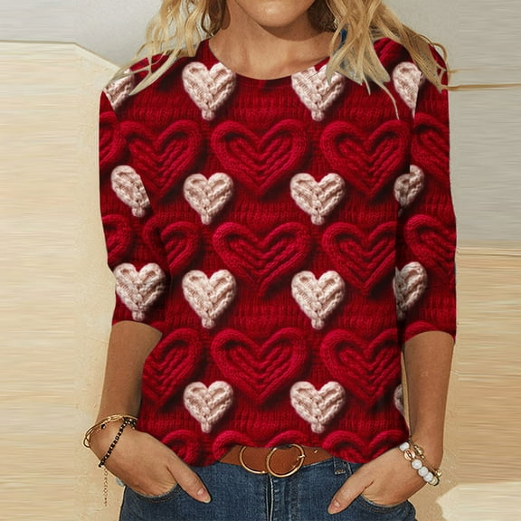 Herrnalise 3/4 Long Sleeve Valentines Day Shirts for Women Heart Print Tees Blouses Crewneck Loose Casual Plus Size Tops T shirts Valentines Day Gifts For Her