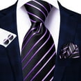 thumbnail image 5 of Hi-Tie Mens Stripe Silk Tie Black Purple Business Necktie and Pocket Square Cufflinks Sets, 5 of 6