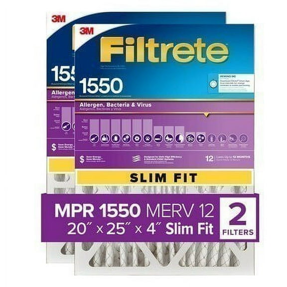 Filtrete 20x25x4 Slim Fit 3.75" width, AC Furnace Air Filter, MPR 1550, MERV 12, Fits Lennox & Honeywell Devices, Electrostatic Air Cleaning Filter, 2-Pack actual size 19.50 x 24.50 x 3.75