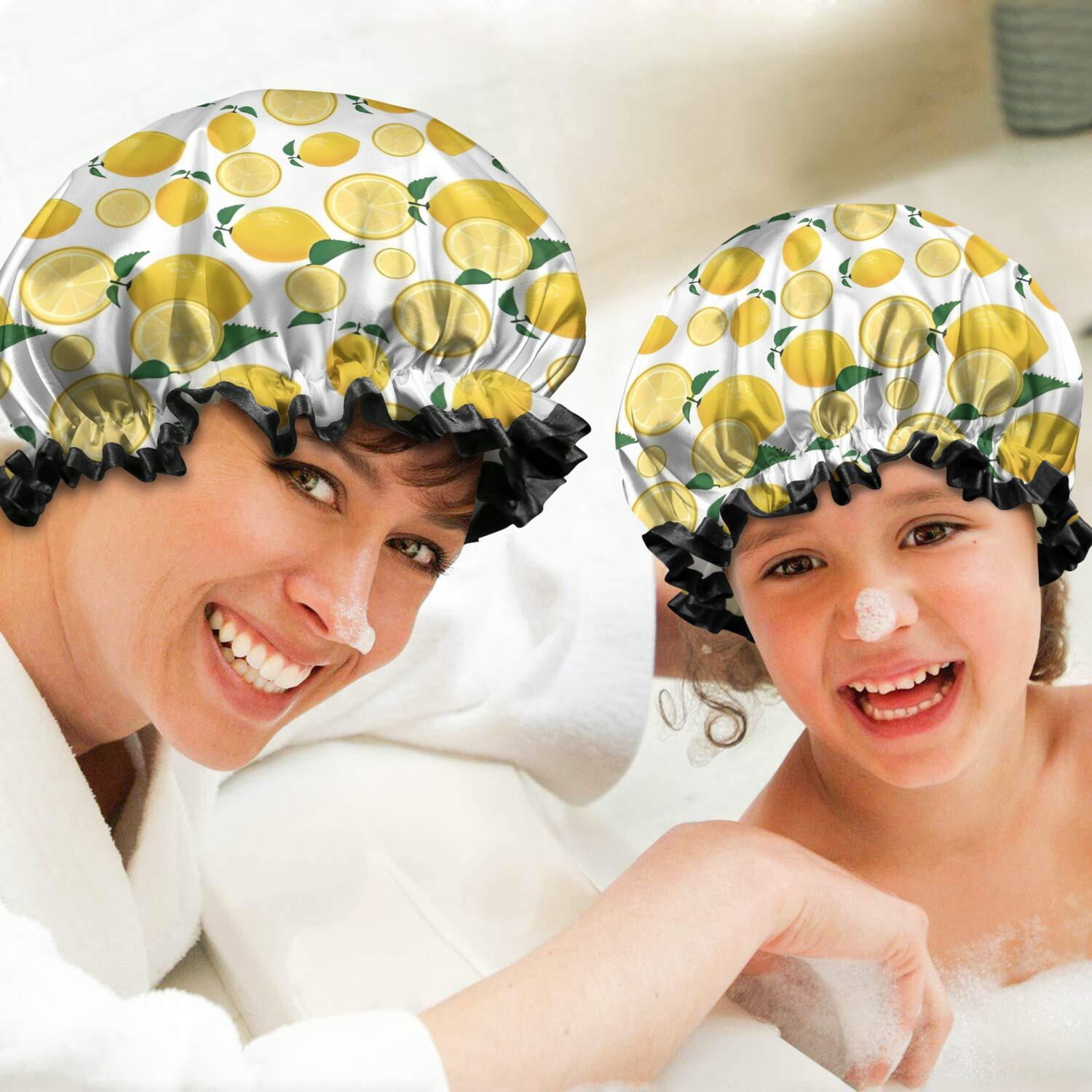 Shower Caps,Yellow Lemon Fruit Slices White Pattern Waterproof Shower Cap for Women 4 Pieces,Double Reusable Hair Cover for Shower PEVA Elastic Stretch Hem