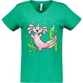 thumbnail image 3 of Inktastic Axolotl Unicorn with Rainbow Tail, Bubbles and Seaweed. Women's V-Neck T-Shirt, 3 of 5