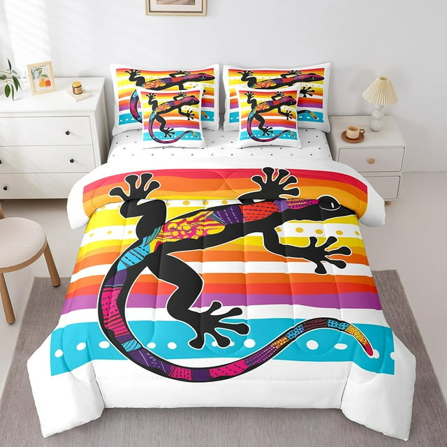 YST Ensemble Douillette 7 Pcs Gecko, Format Double, Lézard Arc-en-Ciel Reptile Animaux, Polyester, Lit en Sac