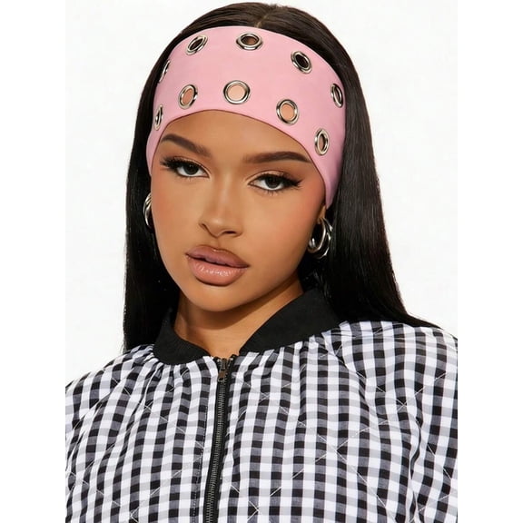 Pink-2 Gingham Headband With Metal Grommets, Fashion Hair Accessory