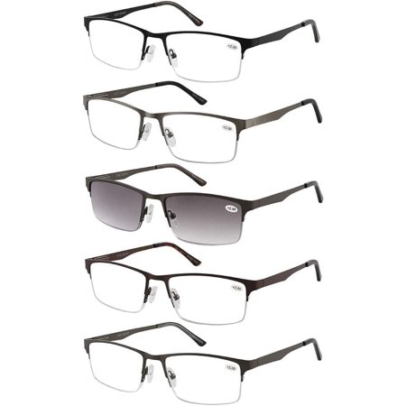 EYECEDAR 5-Pack Reading Glasses for Men Metal Half-Frame Rectangular Style Spring Hinges Reading Sunglasses Eyeglasses Readers 1.75