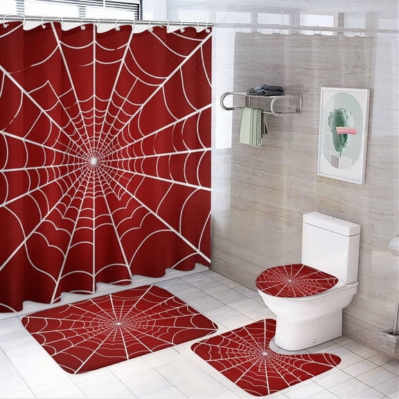 Red Spider Web Black Cartoon Shower Curtain Waterproof Bathroom Curtain Set 4pcs with Hooks Rugs Mat Bathroom Curtains Home Decor