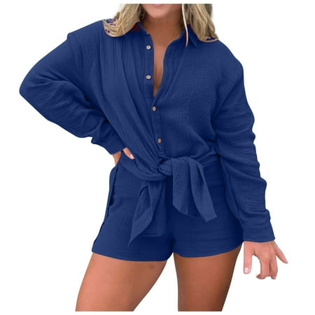 

oieyuz Cotton Linen 2 Piece Outfits for Women Classic Solid Color Long Sleeve Shirts Shorts Casual Sets