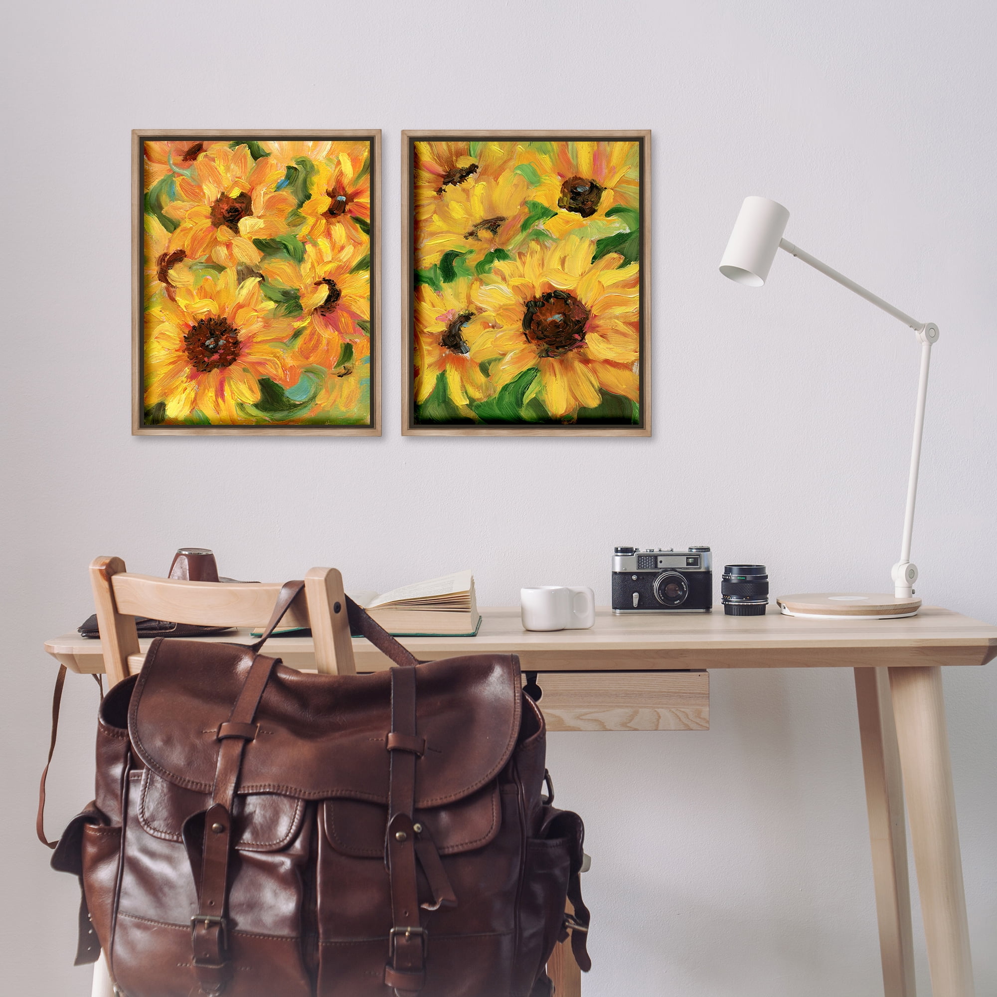 Stupell Industries Abstract Large Sunflower Blooms Plants & Flowers Painting Brown Floater Framed Canvas Art Print Wall Art, 17 x 21, Set of 2