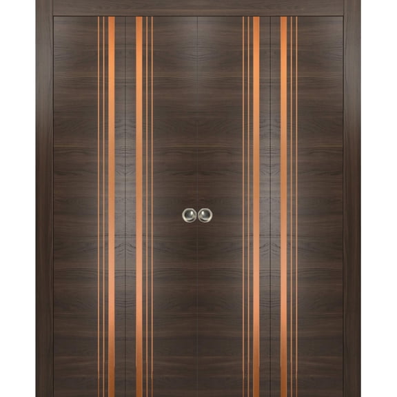Sliding Closet Double Bi-fold Doors | Planum 1010 Chocolate Ash with Frosted Glass | Sturdy Tracks Moldings Trims Hardware Set | Wood Solid Bedroom Wardrobe Doors