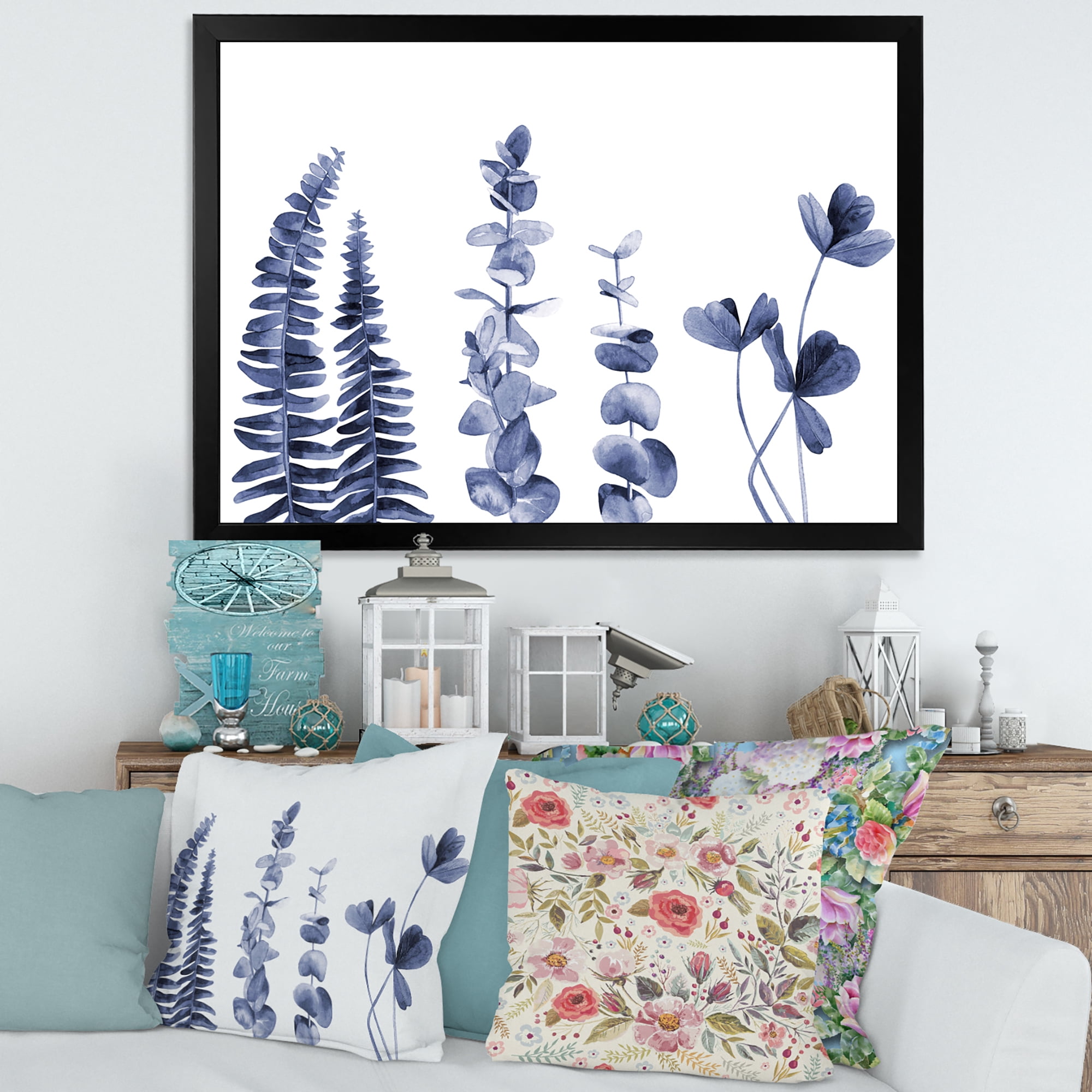 Designart 'Navy Blue Eucalyptus On White I' Traditional Framed Art Print