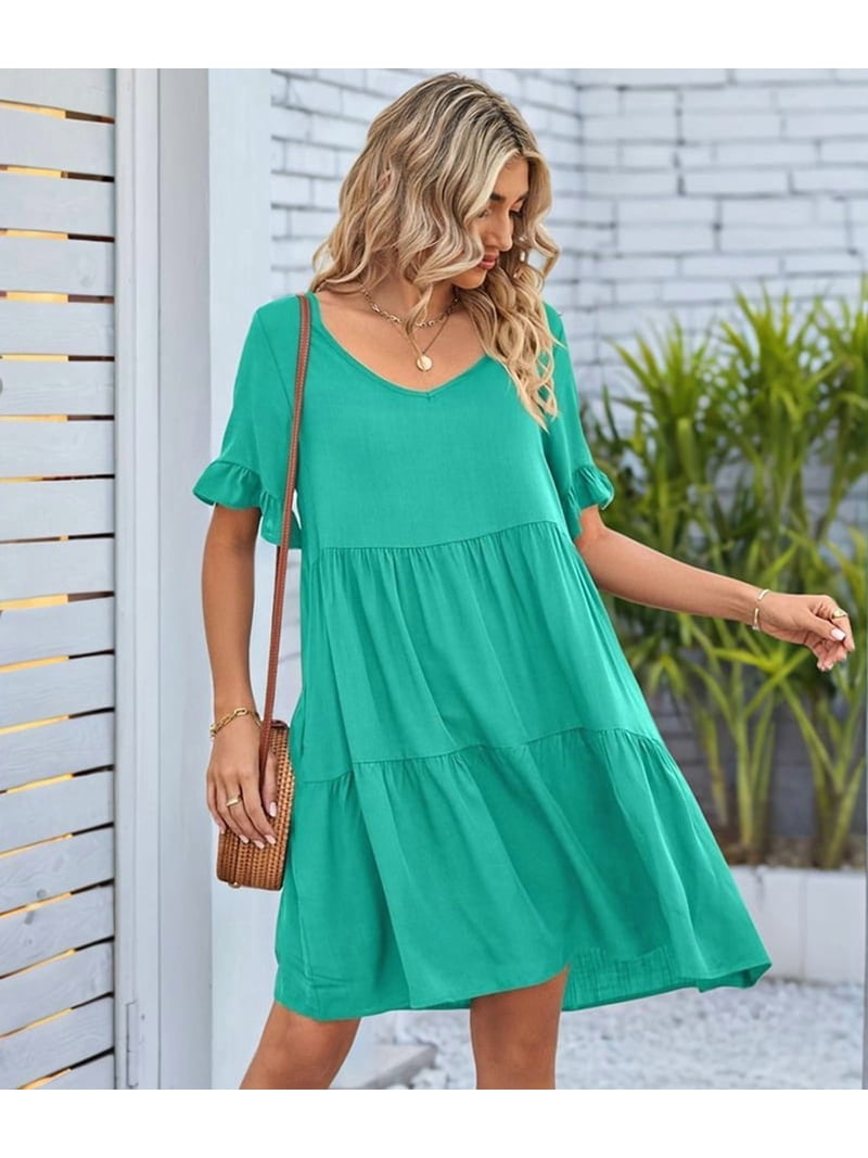 short casual emerald green dress Women'S Summer Ruffle Sleeve A Line Tiered Flowy Cute V Neck Mini Beach Dress XL style:Mini A Line Waist knee length short formal emerald green dress Home | Milla Women's Size:X-Large US 14/16 UK 18
