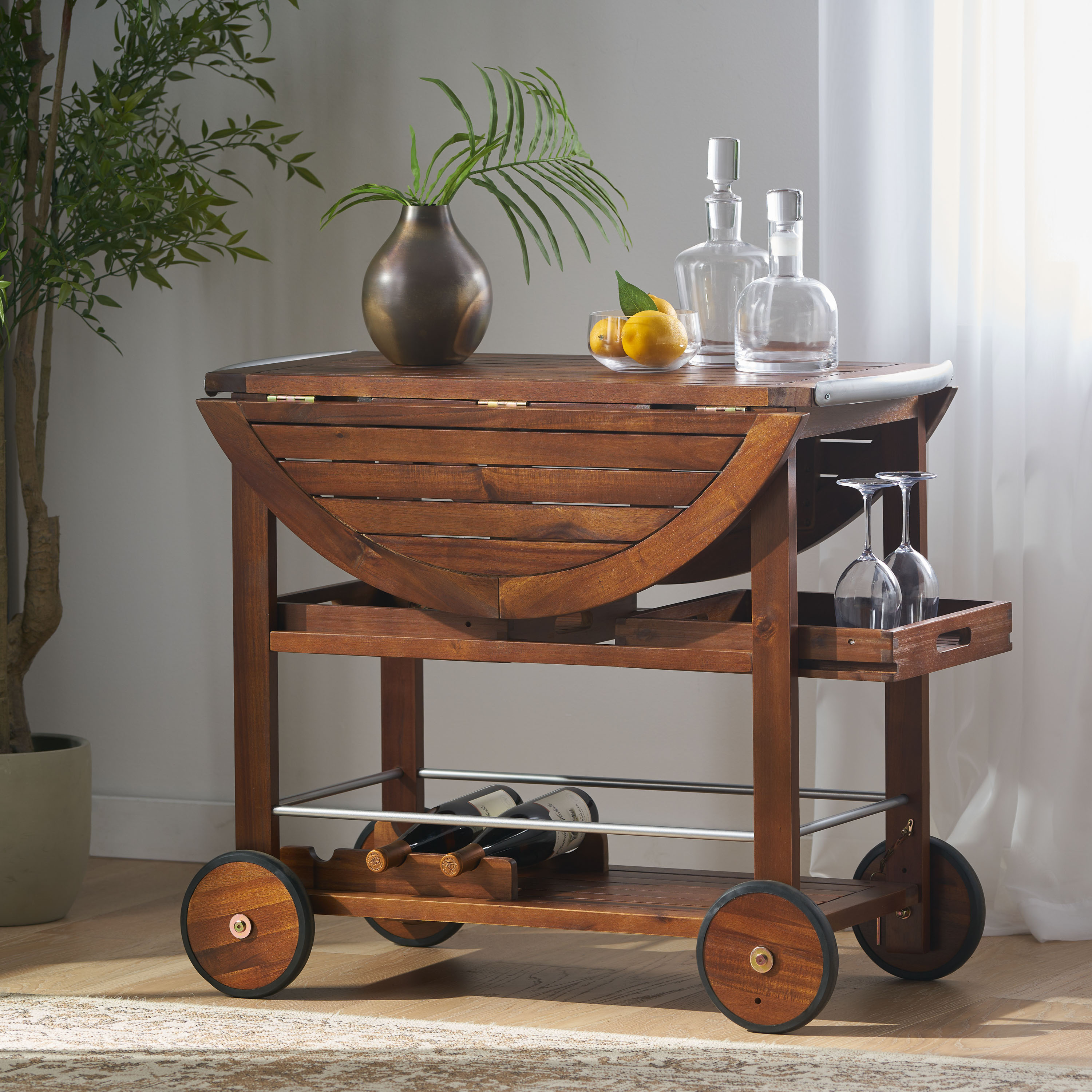 Euroco Outdoor Bar Cart with Drop Leaf Top, Removable Serving Trays, Bottle Storage, and Lockable Wheels, Weather-Resistant Wood and Aluminum Rolling Beverage Cart – Modern Industrial Style