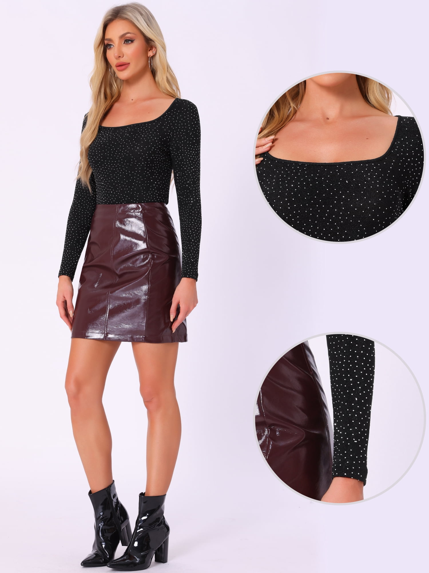 DARING DIVA Metallic Shiny Dots Square Neck Long Sleeve Top M Black