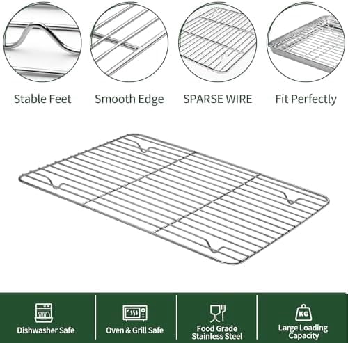 Baking Sheet and Cooling Rack Set (2 Baking Pans + 2 Baking Racks), Stainless Steel Cookie Sheet Baking Pan Tray for Toaster Oven, Non Toxic & Heavy Duty & Easy Clean, Size 16 x 12 x 1 Inches