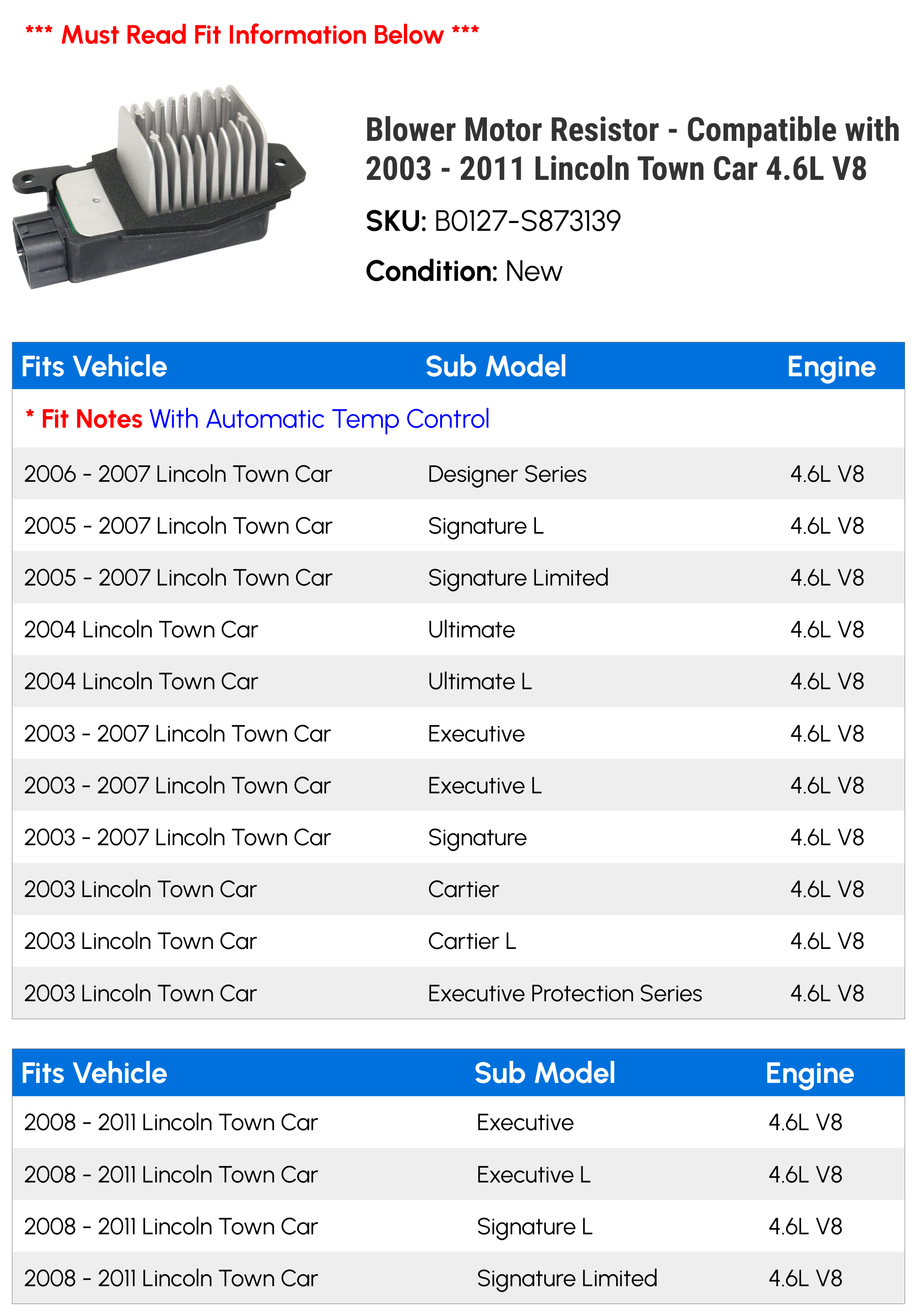 Blower Motor Resistor - Compatible with 2003 - 2011 Lincoln Town Car 4.6L V8 2004 2005 2006 2007 2008 2009 2010