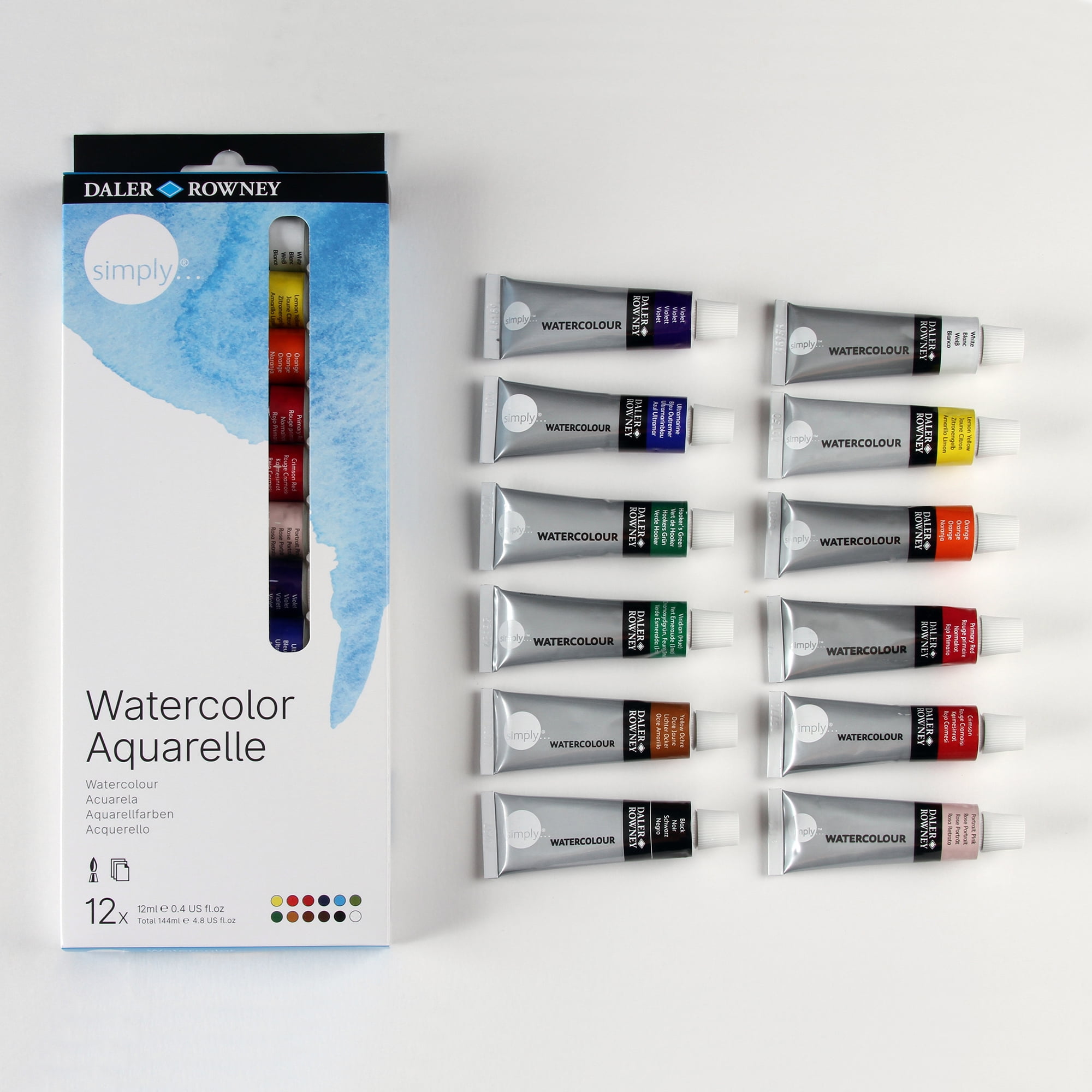  Daler Rowney Simply Watercolor Set - 12 Watercolor Paint Tubes  for Student Artists of All Ages - Vibrant Smooth 12ml Watercolor Paints for  Canvas Paper and More