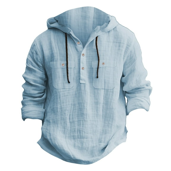 Toimothcn Men's Shirt Casual Solid Color Cotton Linen Hoodies Long Sleeve Buttons Shirts Comfortable Loose Shirt Tops Comfy Mens Dailywear