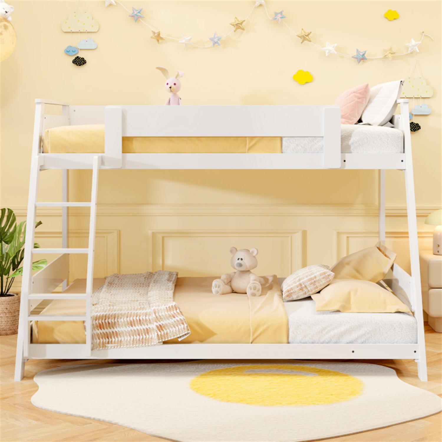 Demi Bonn Twin Over Full Low Bunk Bed with Reversible Ladder, Solid Wood Floor Bunkbeds Frame for Bedroom, No Box Spring Needed, White
