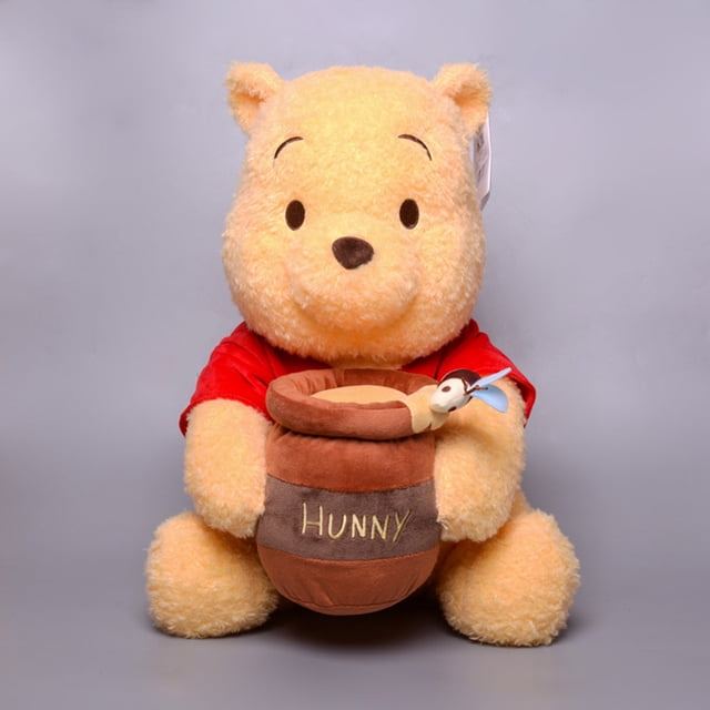 peluches de peluche de pooh bear winnie para niños, de 40cm de tamaño grande muñecos de peluche, kawaii winnie the pooh sentado frontalmente sosteniendo un tarro de 'HUNNY', peluche amarillo de 40 cm con camiseta roja y rasgos bordados, relleno de algodón PP, recomendado 12+. A menudo usado como decoración de cuarto infantil o regalo.