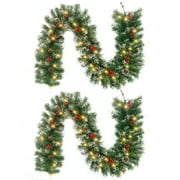2 Pcs 6ft Pre-Lit Christmas Garland, with 40 Waterproof LED Light and Pine Cones and Berries, Battery Operated Garland 200 Branches Christmas Decoration for Xmas Holiday & Party