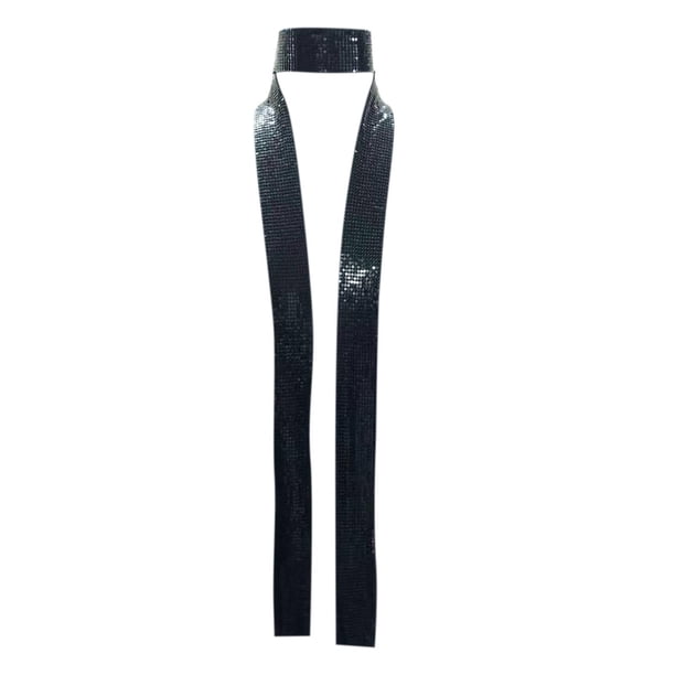 Bufanda fina de lentejuelas brillantes para mujer, de metal, con cadena para el cuello Negro
