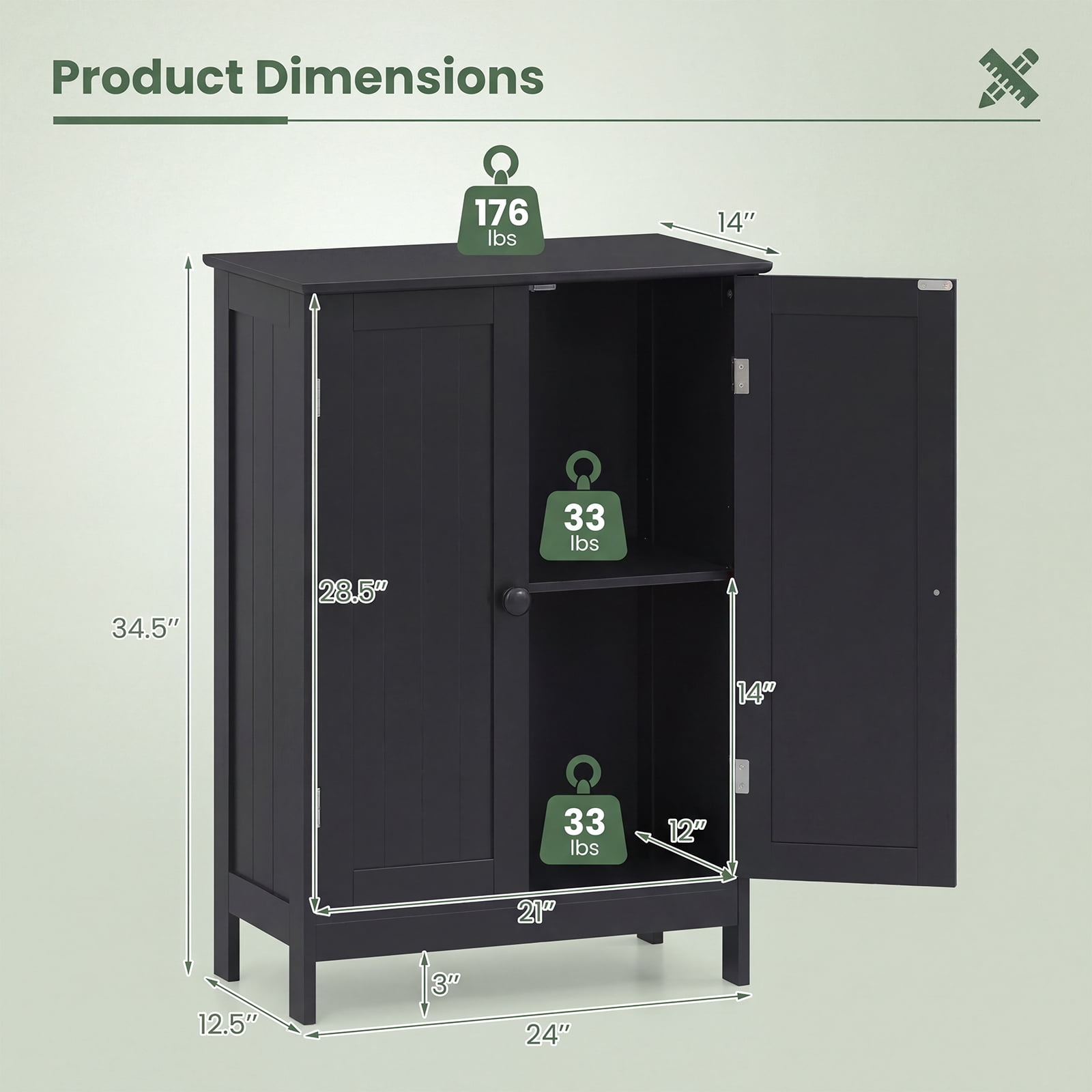 Gymax Bathroom Storage Cabinet Freestanding Wooden Floor Cabinet w/ Double Doors Black