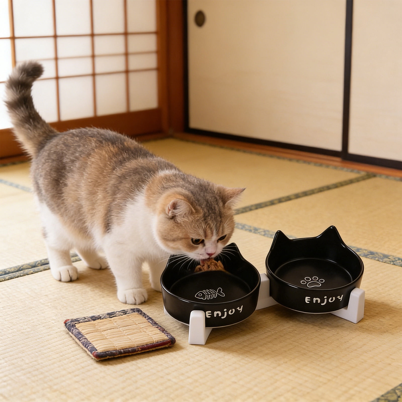Double Bowl Shaped Ceramic Cats Dog Bowl Cats Food Bowl Water Bowl Tall Bowl To Protects The Cervical Spine Pet Food Bowl Canned Food and Treat Dishs