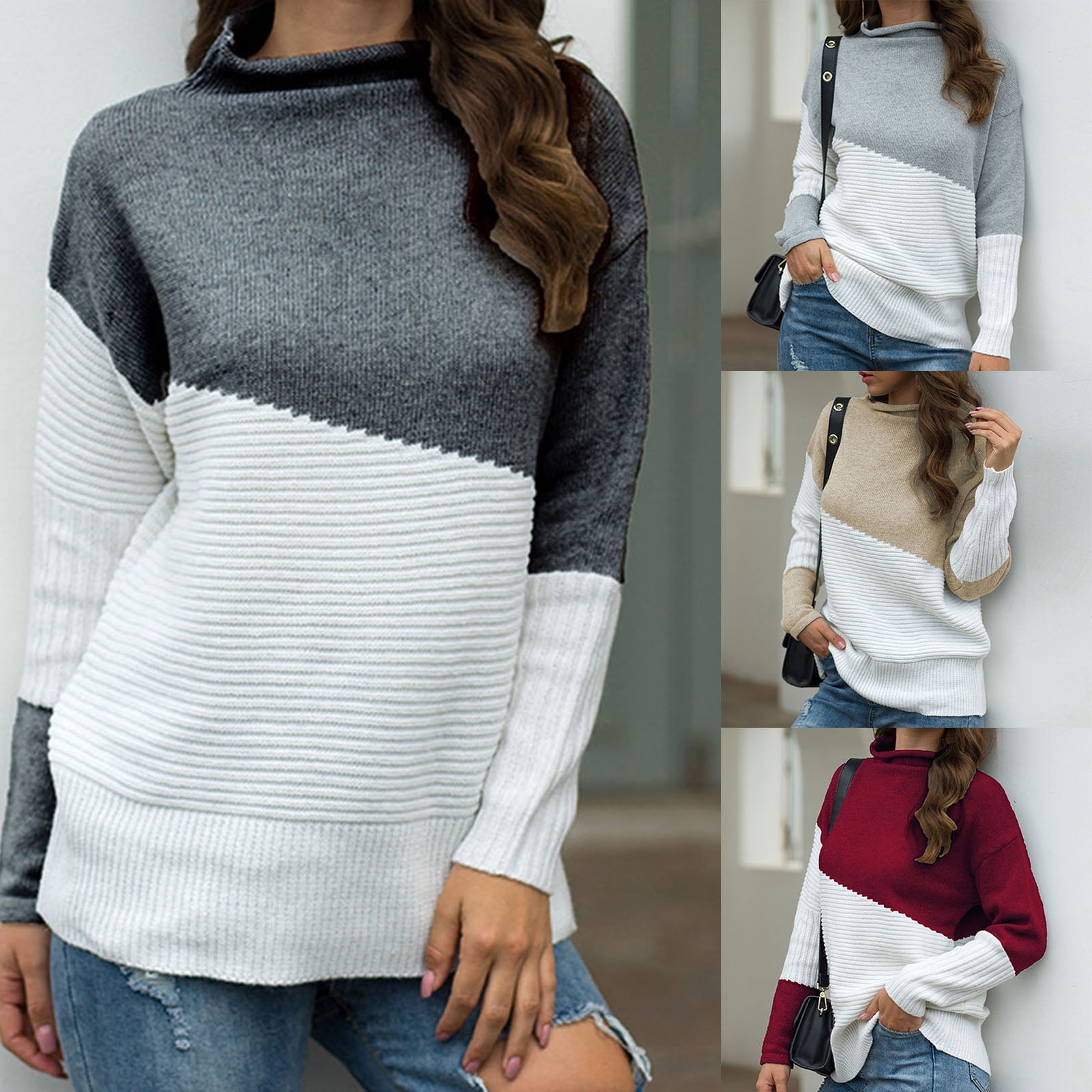 Women Sweaters and Pullovers Autumn Winter Half Lantern Sleeve Sweater Thick Warm Jumper Gray,M