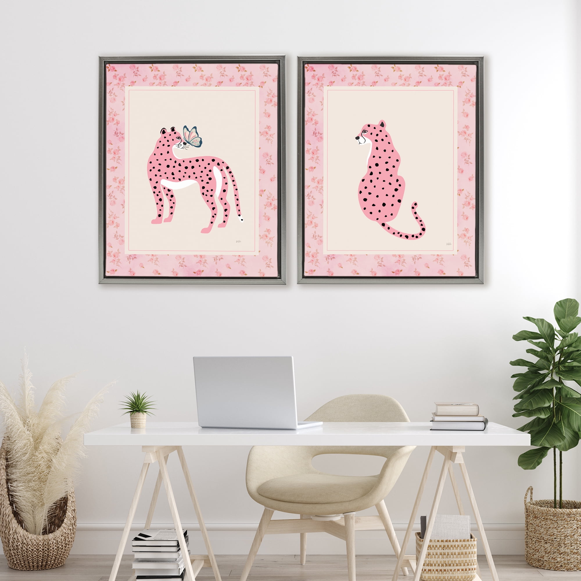 Stupell Industries Pink Leopard & Floral Border 2 Piece Gray Framed Floater Canvas Set, design by Natalie Carpentieri