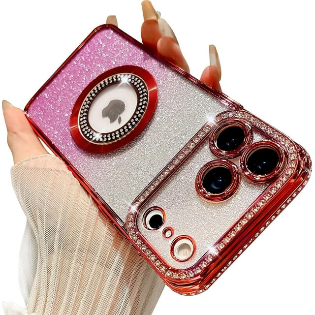 Compatible with iPhone 17 Pro Max Magnetic Glitter Case Compatible with Magsafe Luxury Bling Rhinestone Case with Logo View Plating Sparkle Diamond Camera Lens Protection for Women Girls
