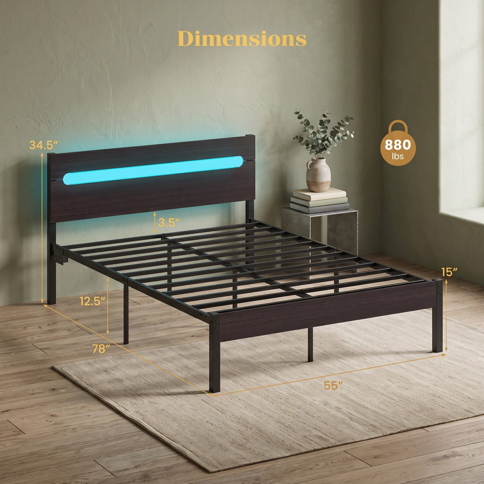 Furnibear Full Size Bed Frame Metal Platform Bed with 16 Color LED Lights Wood Grain Headboard and USB Charging Station, Dark Walnut